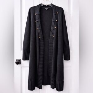 VENUS Black Open-Front Long Cardigan with Gold Button Trim
